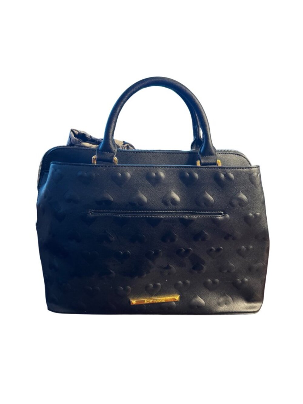 Betsey Johnson Embossed Hearts Black Handbag Gold Hardware Floral Lining - Picture 2 of 10